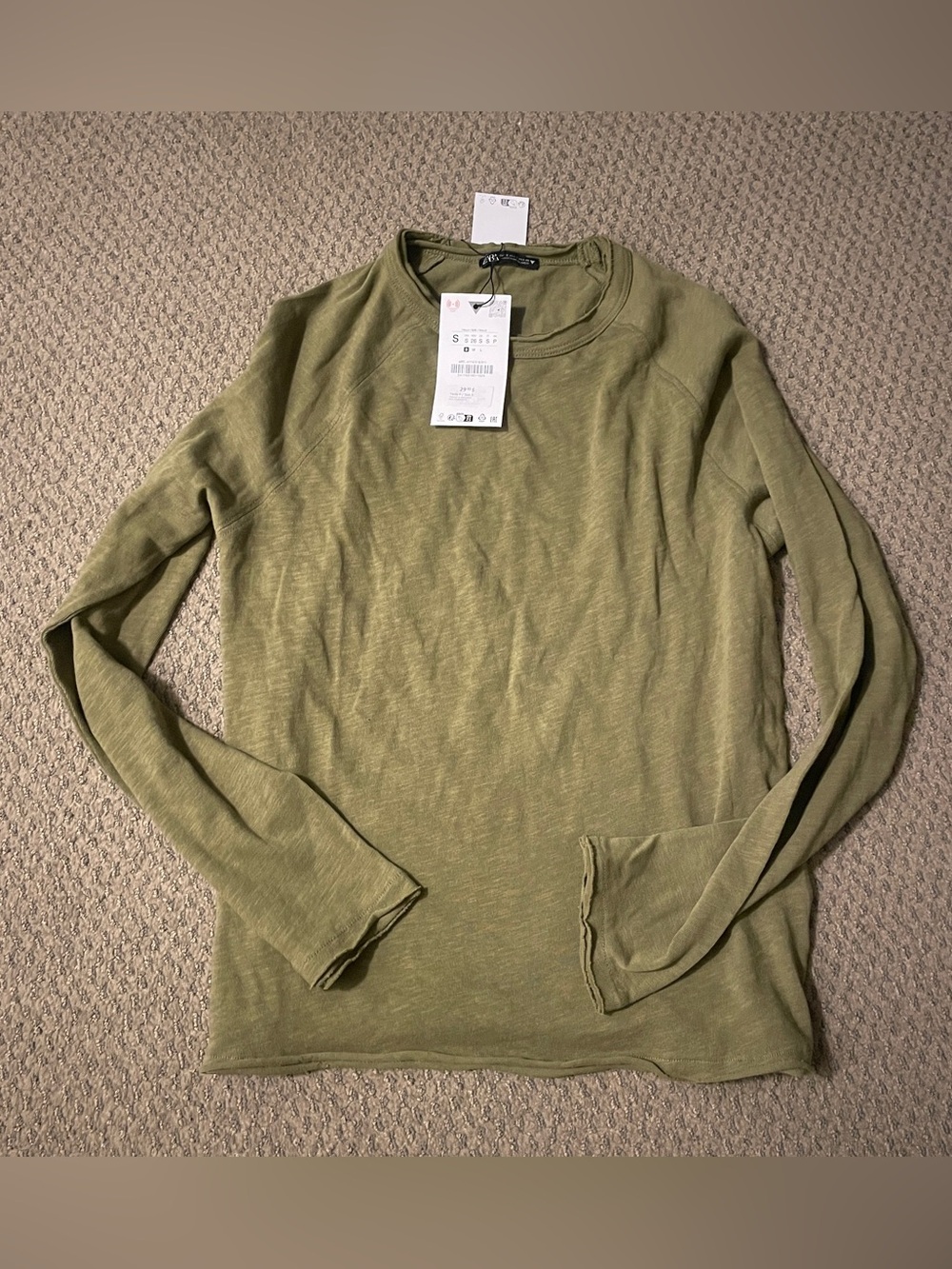 Zara NWT size S Light Olive Green Long Sleeve Crew Neck Top